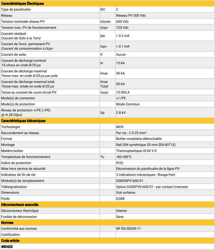 Caractéristiques du Module débrochable pour parafoudre Citel DSM50PV-600/51